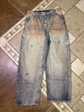 Pull & Bear Distressed Paint-Splatter Carpenter Jeans - Washed Blue
